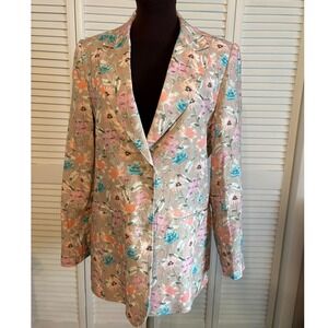 Chadwicks Floral Linen Blend Blazer Jacket Tan Pink Teal Women  Single Button